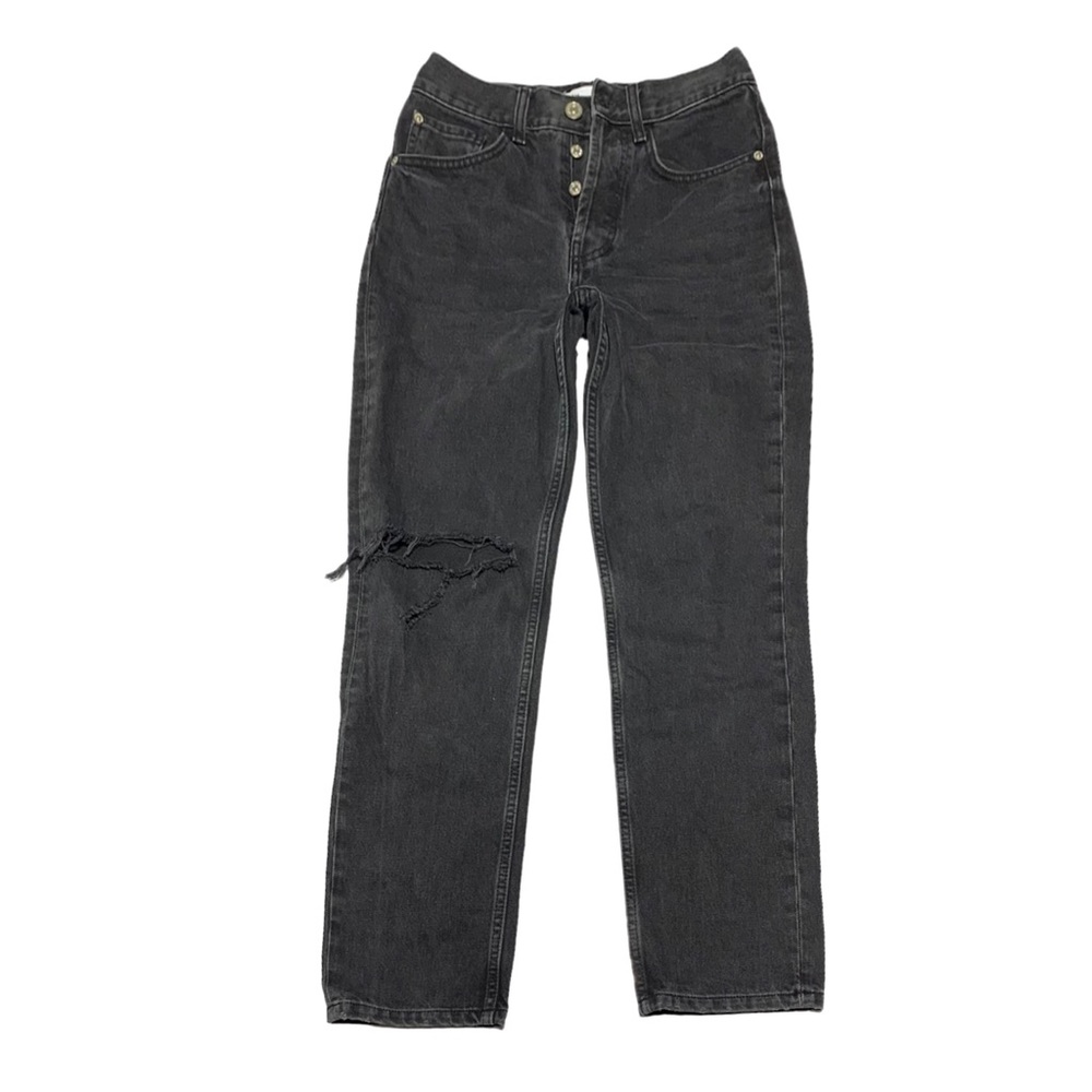NWOT Zara Black High Rise Button Fly Ripped Relaxed Fit Jeans Size 2